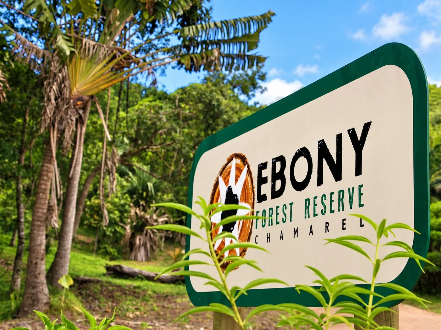 Panneau d’entrée d’Ebony Forest Reserve entouré de végétation tropicale à Chamarel, Maurice.